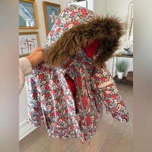 Boden Floral winter coat with Faux Fur Trim